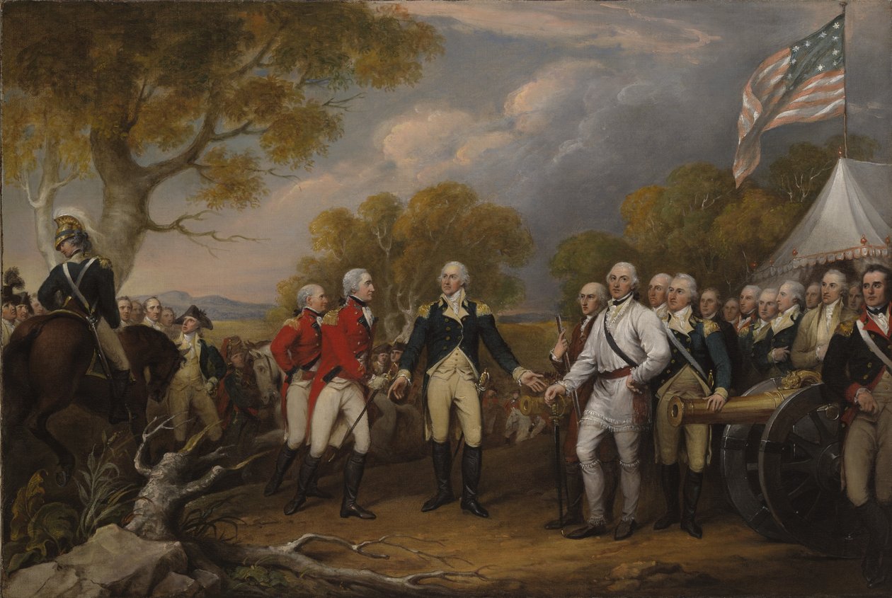 Bitwa pod Saratogą, brytyjski generał John Burgoyne poddający się amerykańskiemu generałowi Horatio Gatesowi, 17 października 1777, ok. 1822-32 autorstwa John Trumbull
