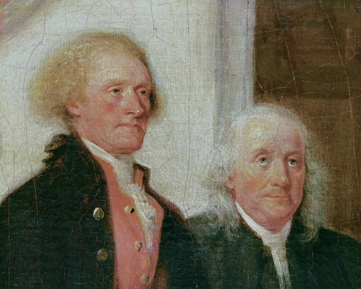 Sporządzanie Deklaracji Niepodległości, 28 czerwca 1776, szczegóły Thomasa Jeffersona (1743-1826) i Benjamina Franklina (1706-90) c.1817 (szczegóły z 702745) autorstwa John Trumbull