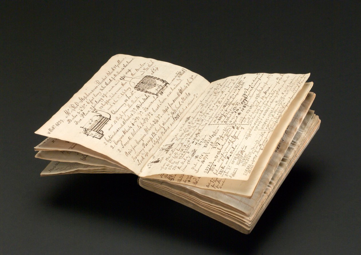 Notatnik należący do Johna Urpetha Rastrricka, w którym zapisano szczegóły prób lokomotywy Rainhill w 1829 roku (pióro i atrament na papierze) autorstwa John Urpeth Rastrick