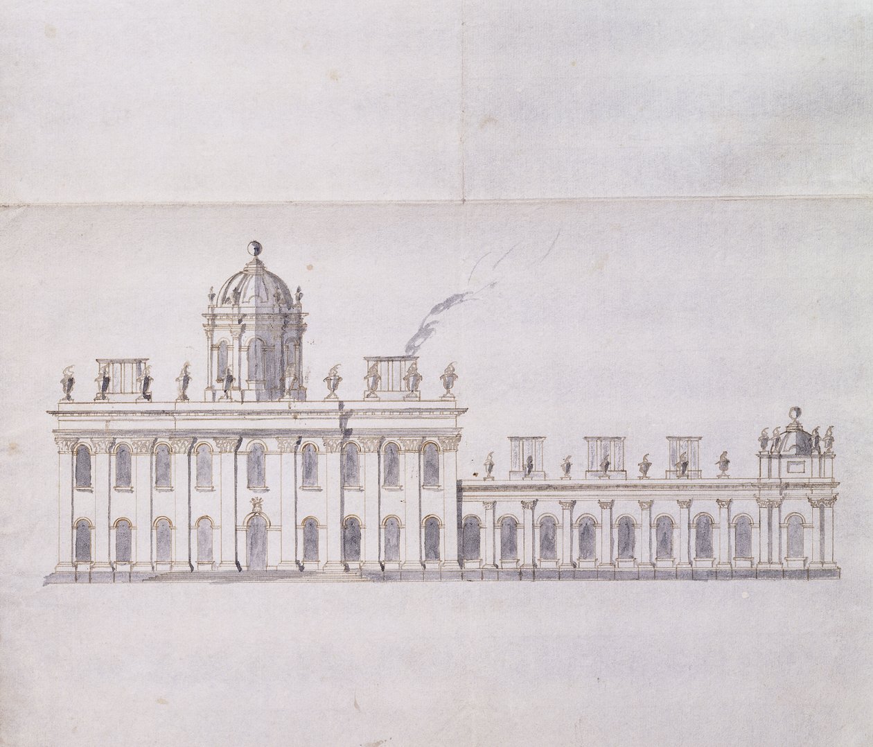 Castle Howard, Yorkshire: Schematyczny szkic ołówkiem przedstawiający rozwój skrzydeł dziedzińca, c.1699 (długopis i brązowy tusz oraz szare rozmycie) autorstwa John Vanbrugh