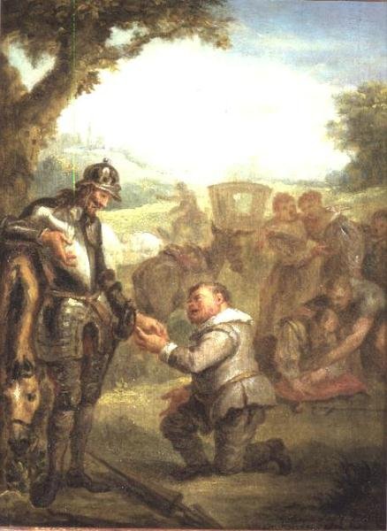 Don Kichot po pojedynku z dzielnym Biscayanem podpiera się na koniu Rosinante, a Sancho Panchez prosi o gubernatora wyspy Barataria, scena z „Don Kichota” Cervantesa (panel) autorstwa John Vanderbanck