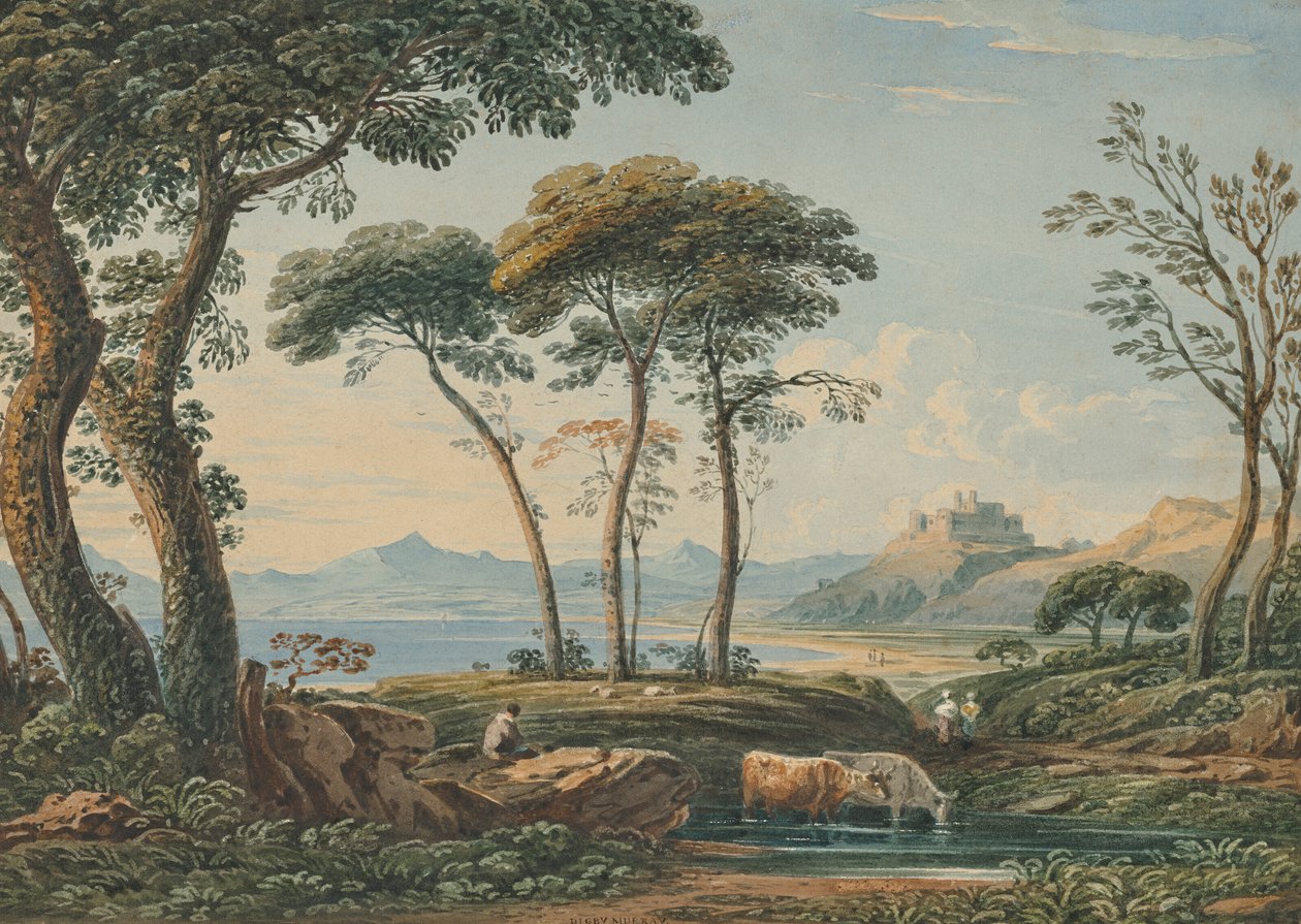 Odległy widok na zamek Harlech i Snowdon za nim, północna Walia autorstwa John Varley