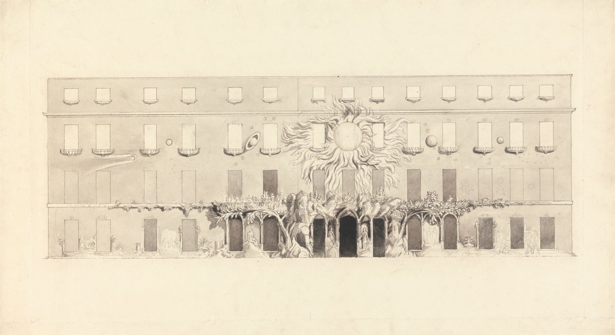 Rysunek architektoniczny budynku z symbolami astrologicznymi autorstwa John Varley