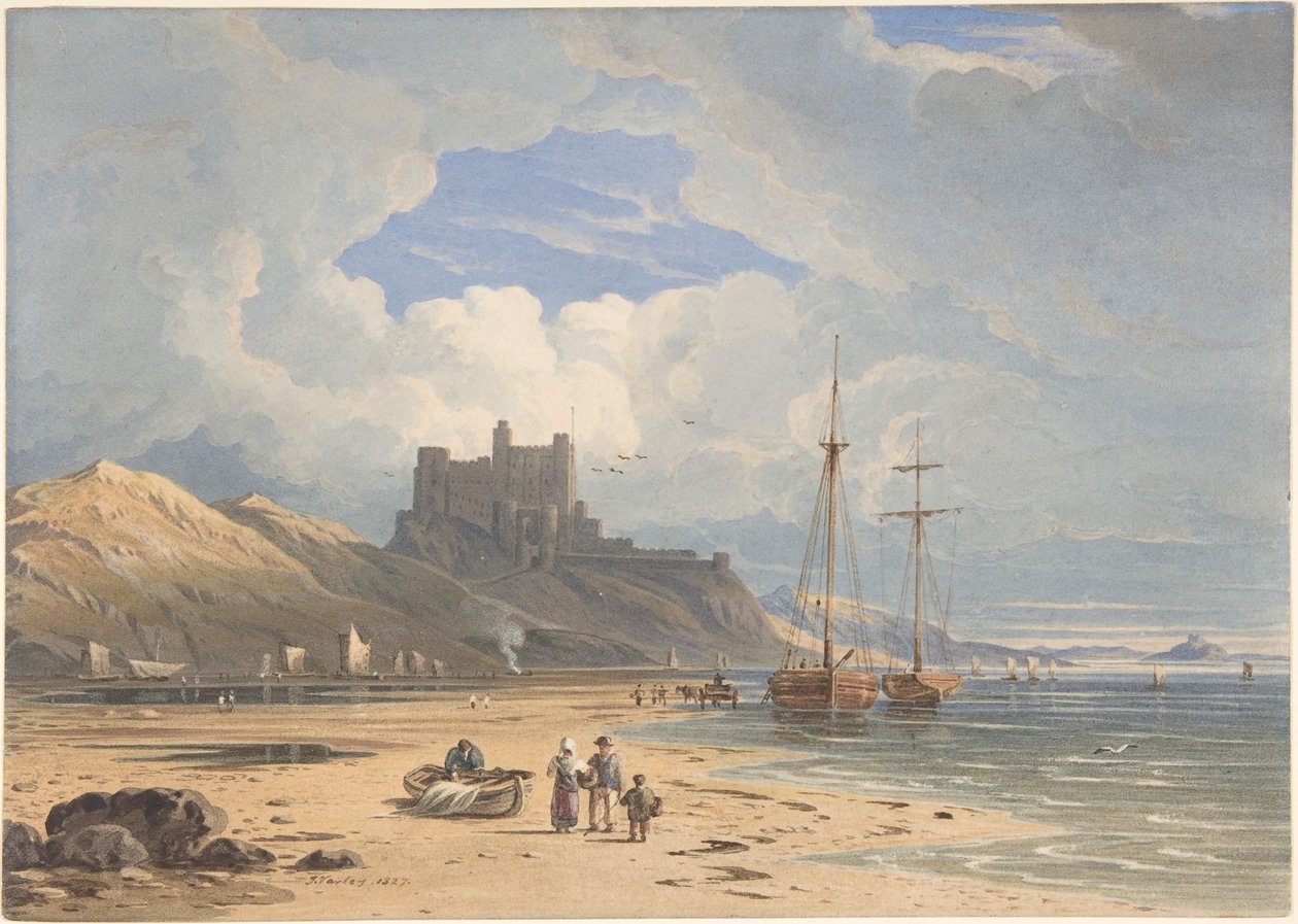 Zamek Bamborough od północnego wschodu, z wyspą Holy Island w oddali, Northumberland autorstwa John Varley