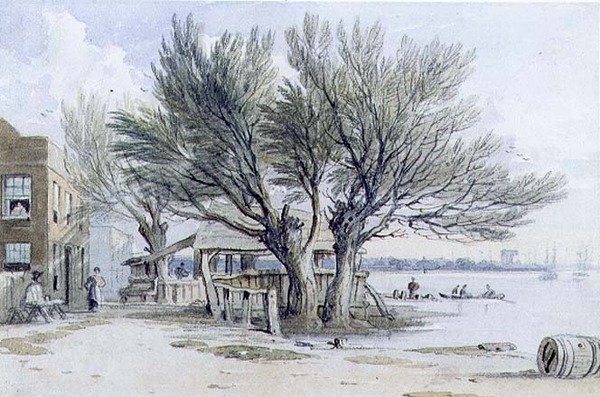 Budynki i drzewa ogłuszone nad brzegiem Tamizy, Millbank (akwarela, ołówek, długopis i atrament) autorstwa John Varley