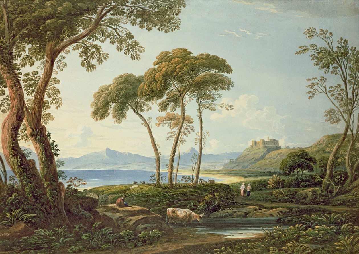 Krajobraz z zamkiem Harlech autorstwa John Varley