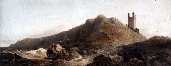PD.10-1997 Zamek Dunstanburgh: Wieża Lilburna, ok. 1809 (grafit i akwarela na papierze) autorstwa John Varley