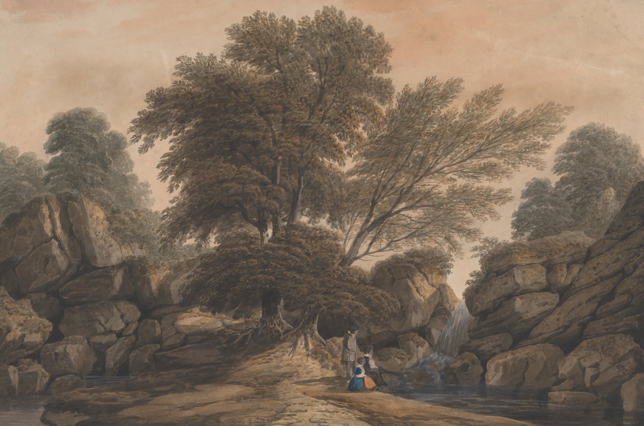 Figury obok wodospadu i basenu w zalesionym krajobrazie, 1812. autorstwa John Varley I