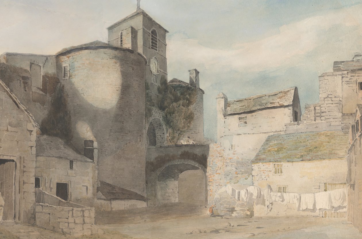 Ufortyfikowane wejście do walijskiego miasta Wschodnia brama Caernarvon, ca. 1802. autorstwa John Varley I