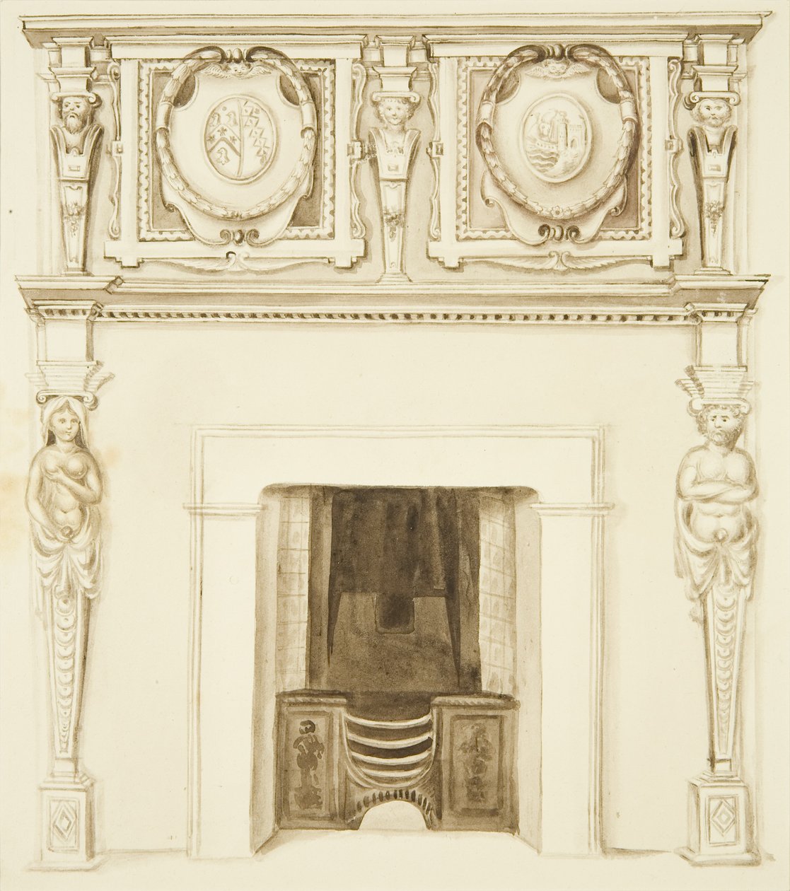 Chimneypiece dawniej w „Karczmie Okrętowej”, Small Street (ołówek i akwarela na papierze) autorstwa John W. Brett