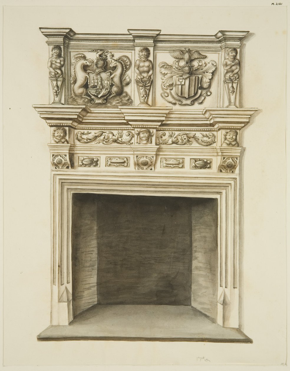 Kominek w dawnej rezydencji Sir Johna Knighta, Temple Street (ołówek i akwarela na papierze) autorstwa John W. Brett