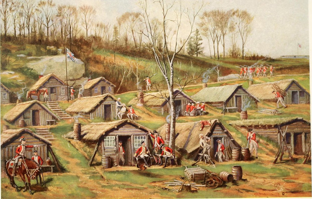 Obóz chaty na farmie Dyckmana, ilustracja z Reliktów rewolucji; historia odkrycia pochowanych szczątków życia wojskowego w fortach i obozach na wyspie Manhattan przez Reginalda Pelha autorstwa John Ward after Dunsmore