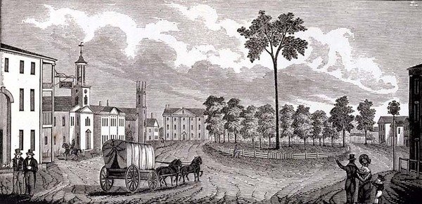 Centralna część Pittsfield, Massachusetts, z Zbiorów Historycznych Massachusetts, autorstwa Johna Warnera Barbera, grawerowane przez SE Browna, 1839 autorstwa John Warner Barber