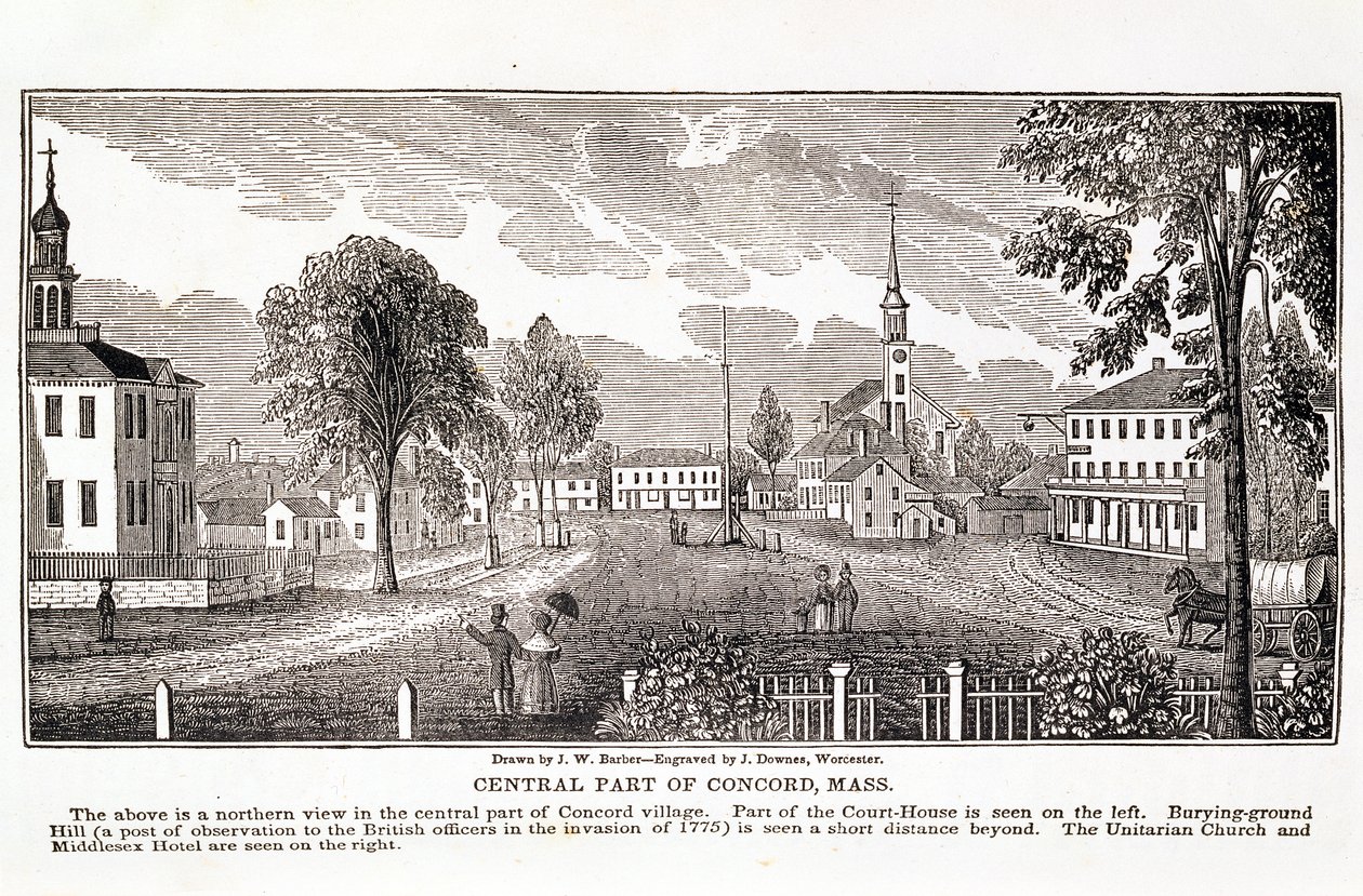 Centralna część Concord, z „Historical Collections of Massachusetts”, Johna Warnera Barbera, rytowana przez J. Downesa, 1839 autorstwa John Warner Barber