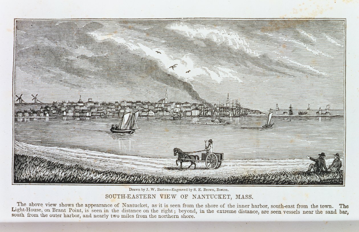 Południowo-wschodni widok Nantucket, z „Historical Collections of Massachusetts”, autorstwa Johna Warnera Barbera, grawerowany przez SE Browna, 1839 autorstwa John Warner Barber