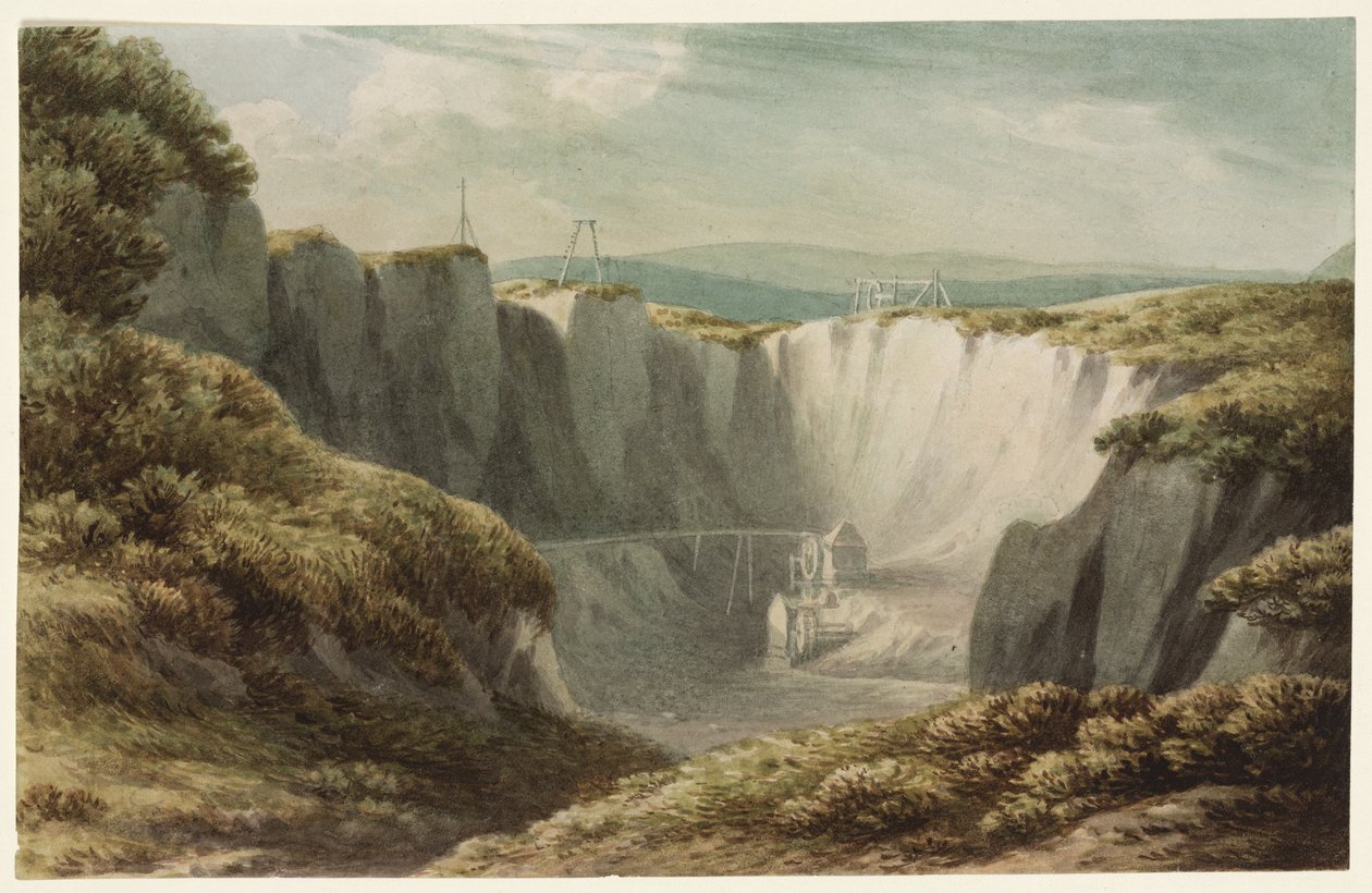 Kopalnia cyny w Carclaise, Cornwall, ok. 1800 (wc na papierze) autorstwa John Warwick