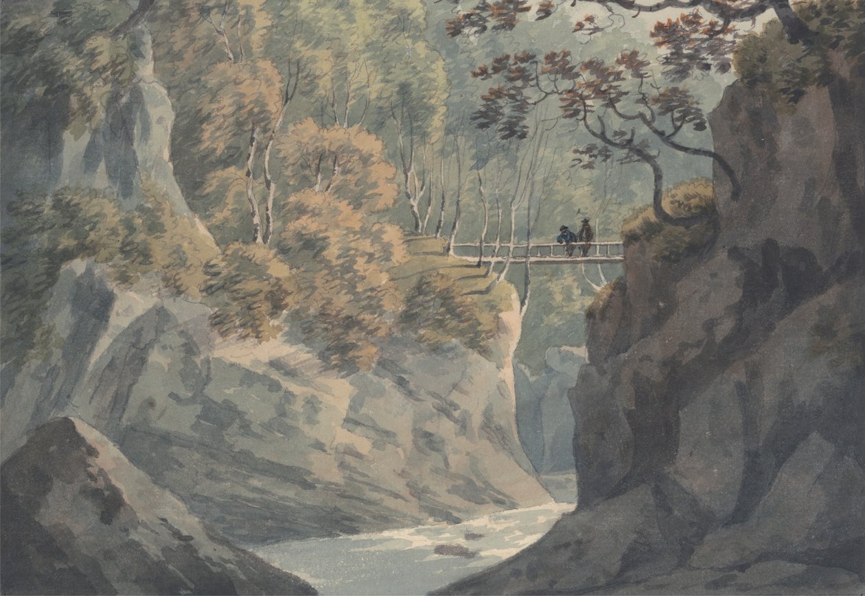Most alpejski i sceneria leśna w pobliżu Pistil y Maw autorstwa John Warwick Smith