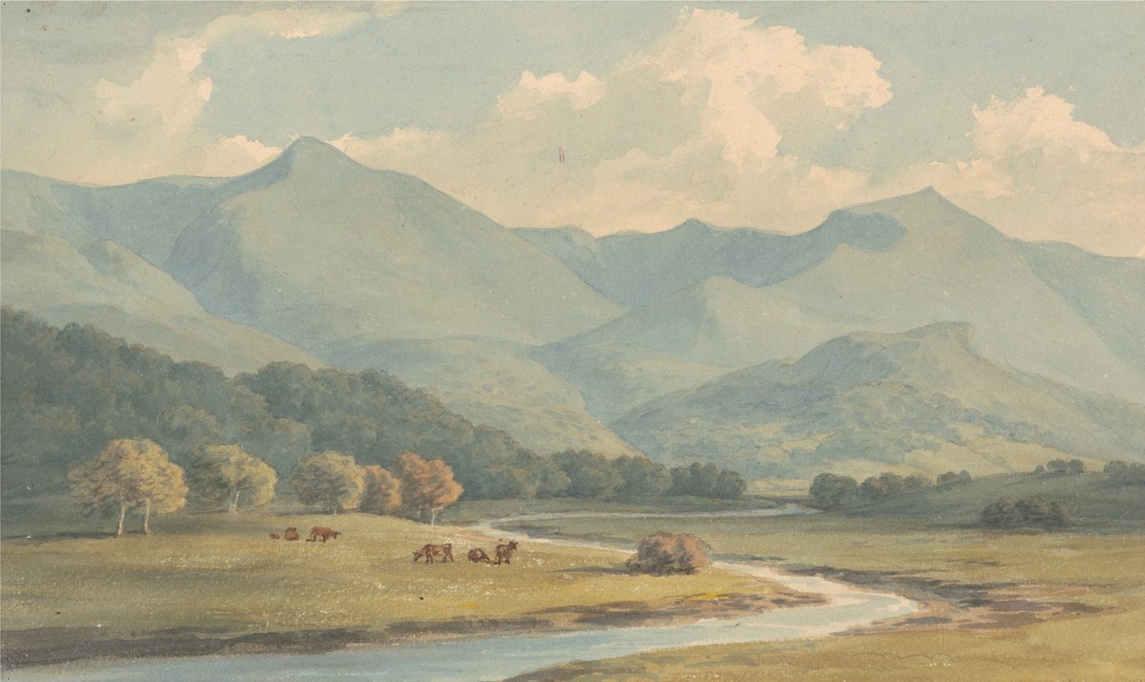 Carnedd Llewelyn i Carnedd David, Carnarvonshire, widziani po drugiej stronie rzeki Ogwen autorstwa John Warwick Smith