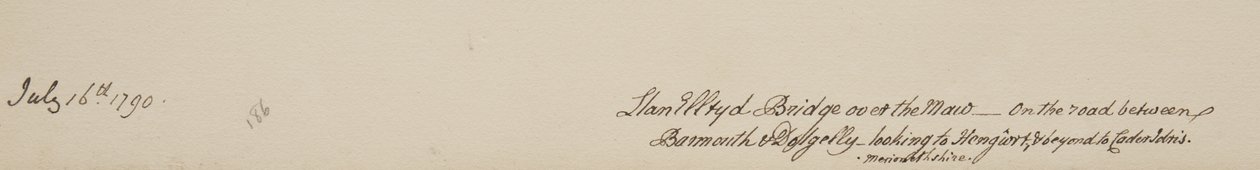 Llanelltyd Bridge nad Maw, na drodze między Barmouth i Dolgellau, patrząc na Hengwrt i dalej na Cader Idris, Merionethshire, 16 lipca 1790 autorstwa John Warwick Smith