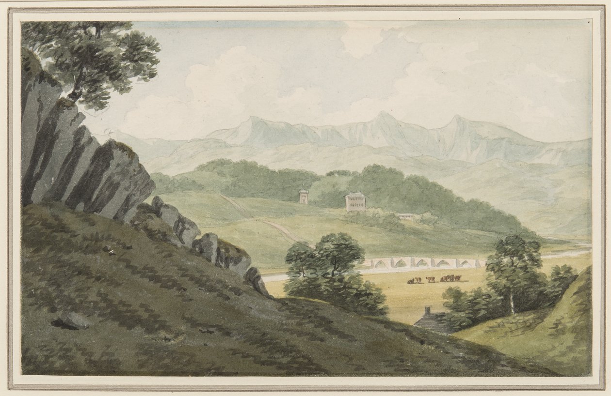 Llanelltyd Bridge over the Maw, na drodze między Barmouth i Dolgellau, patrząc na Hengwrt i dalej na Cader Idris, Merionethshire, 16 lipca 1790 (wc na papierze) autorstwa John Warwick Smith