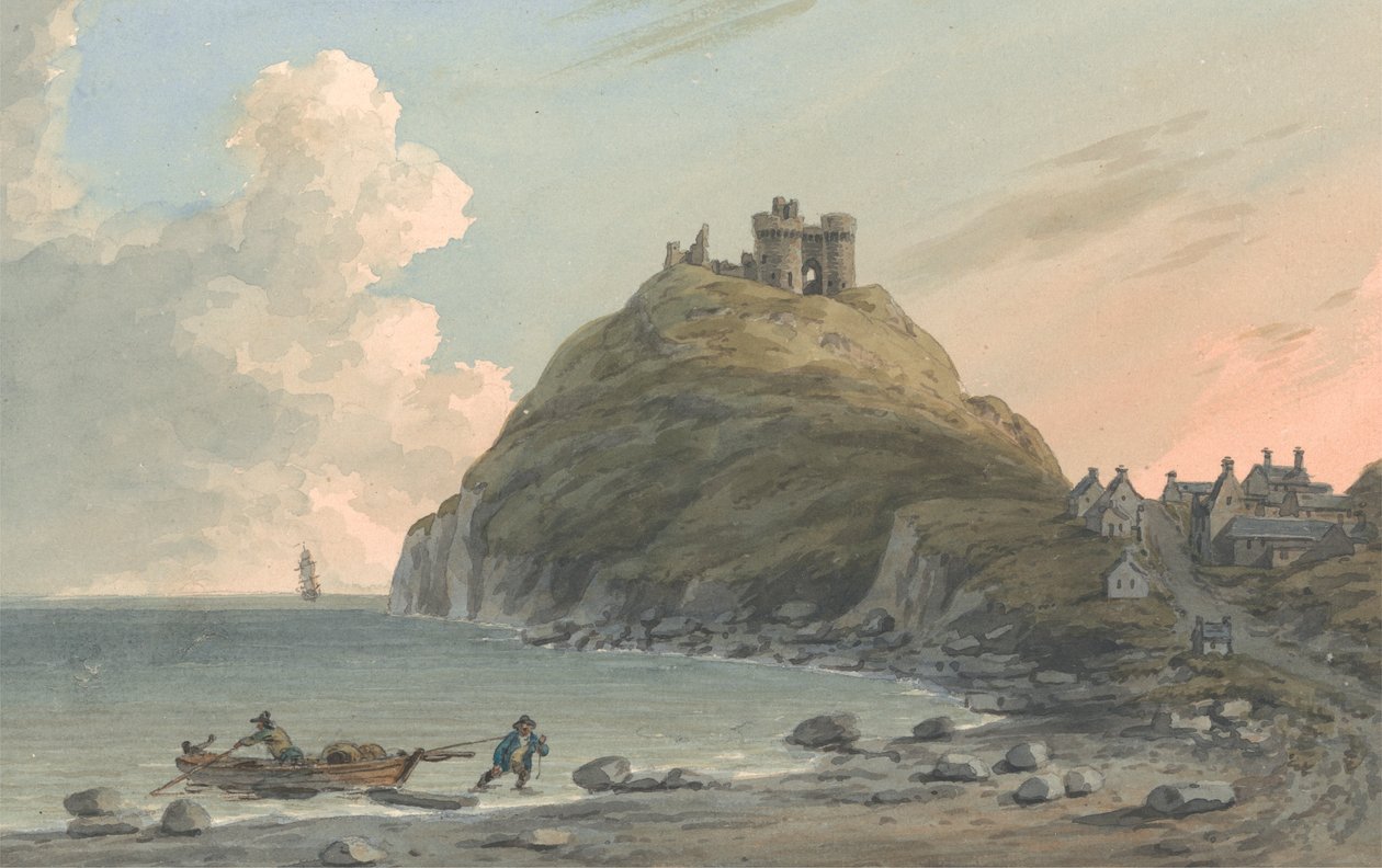 Ruiny zamku Criccieth i część miasta nad zatoką na Cardigan. Widok wschodni, Caernarfonshire autorstwa John Warwick Smith