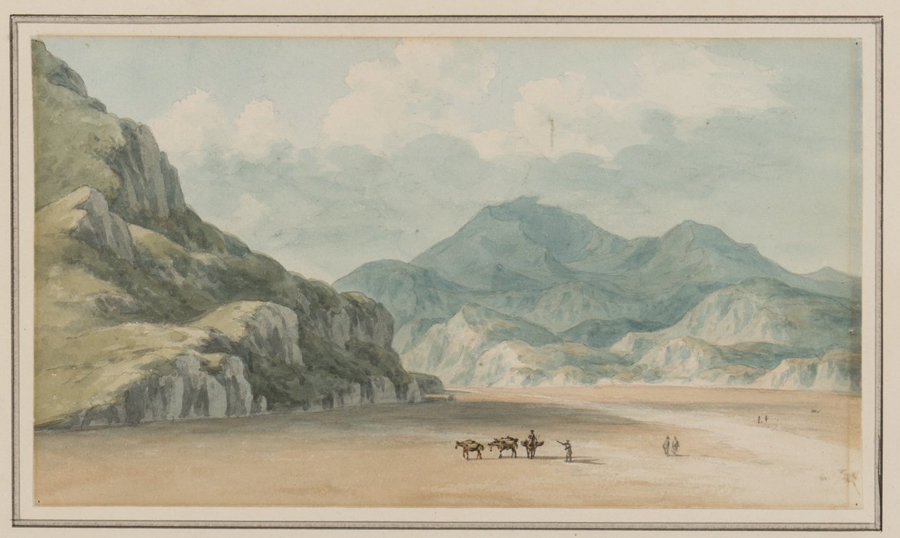 Widok na Fraeth Mawr Sands, w kierunku Snowdon, na przejściu między Penmorsa i Cynant, Merionethshire, 21 lipca 1795 (wc na papierze) autorstwa John Warwick Smith