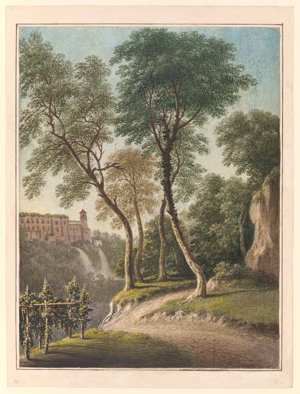 Willa Meceny i Cascatelli, Tivoli, ok. 1781 (akwarela, gwasz i ołówek) autorstwa John Warwick Smith
