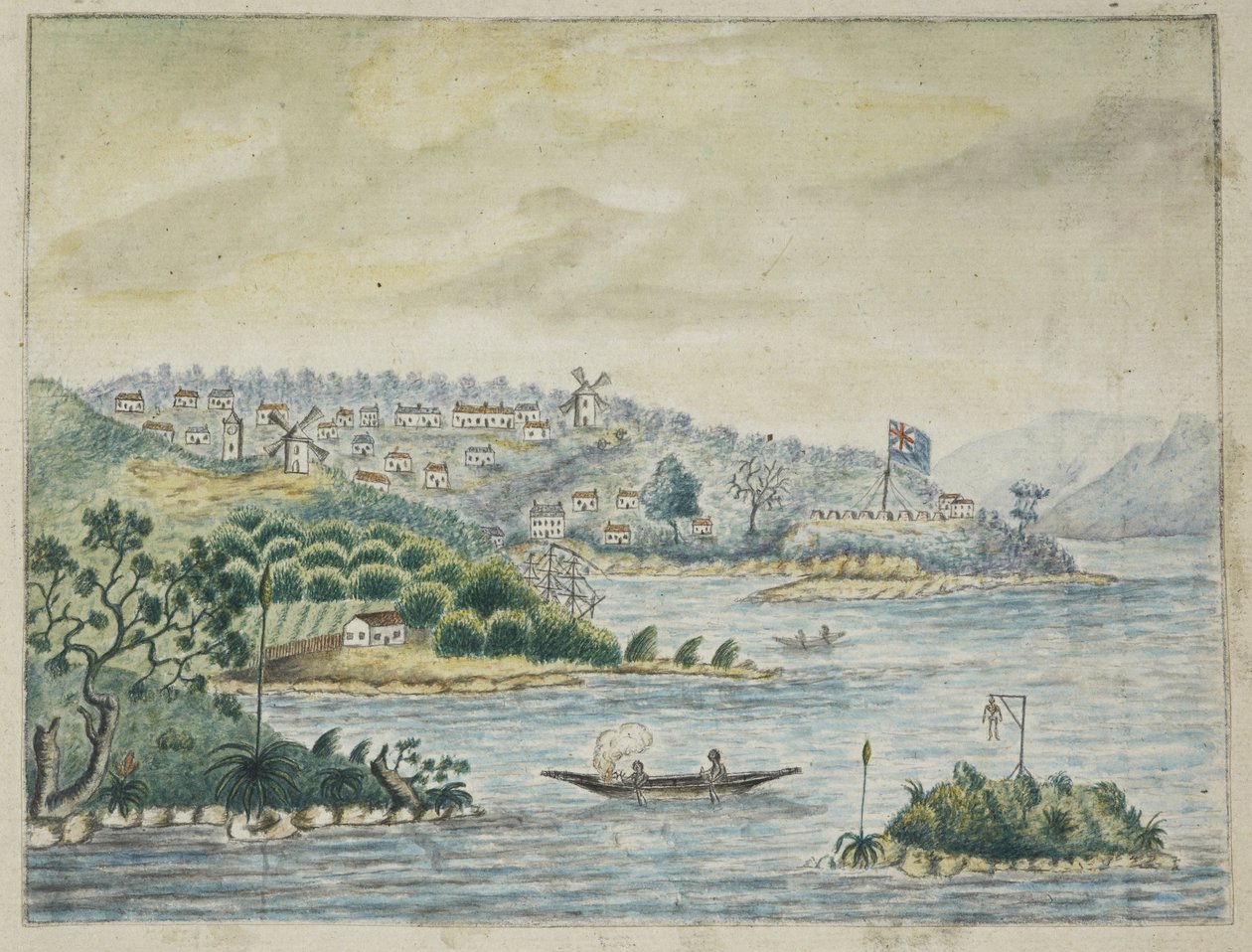 Dodać. 13880, f.79 Widok kolonii brytyjskiej. Na pierwszym planie tubylcy w canoe, z Dziennika przechowywanego na pokładzie transportu Minerva, z Irlandii do Nowej Południowej Walii i Bengalu, John Washington Price autorstwa John Washington Price