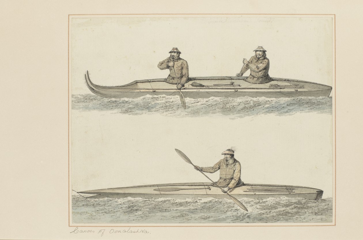 30: Kajaki Onalaski, z serii akwareli ilustrujących ostatnią podróż kapitana Cooka, ok. 1773-84 (wc na papierze) autorstwa John Webber