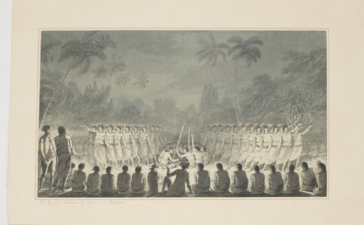 5: Nocny taniec mężczyzn, w Hapaee, z serii akwareli ilustrujących ostatnią podróż kapitana Cooka, ok. 1773-84 autorstwa John Webber