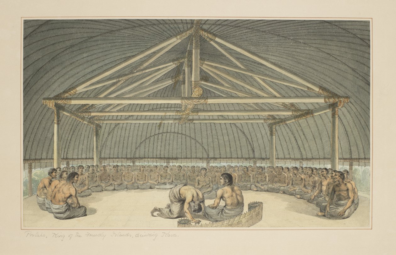 7: Poulaho, król Przyjaznych Wysp, pijący Kavę, z serii akwareli ilustrujących ostatnią podróż kapitana Cooka, ok. 1773-84 autorstwa John Webber