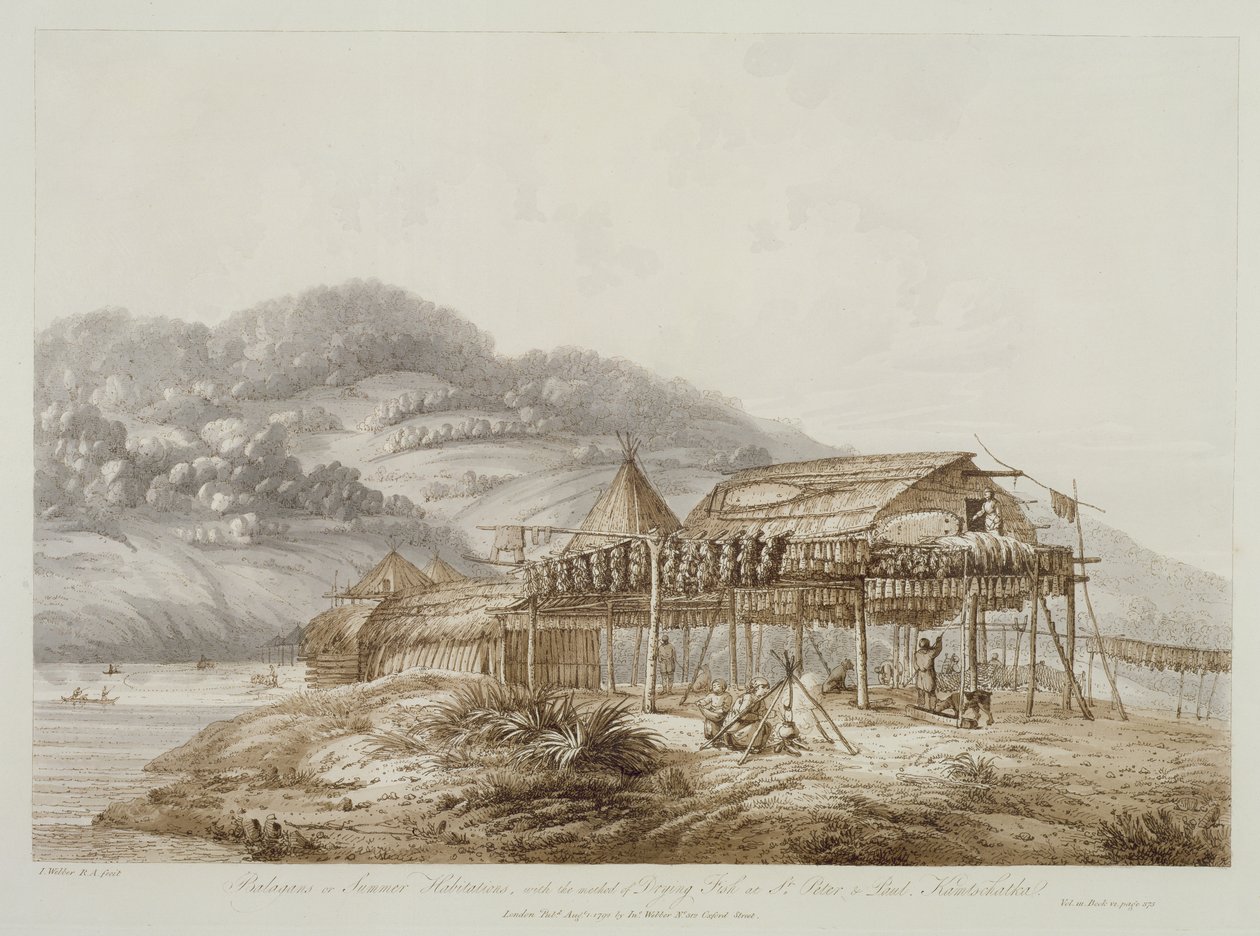 Balagans czyli siedliska letnie, z metodą suszenia ryb u św. Piotra i Pawła, Kamczatka, z „Widoki na morzach południowych”, wyd. 1792 autorstwa John Webber
