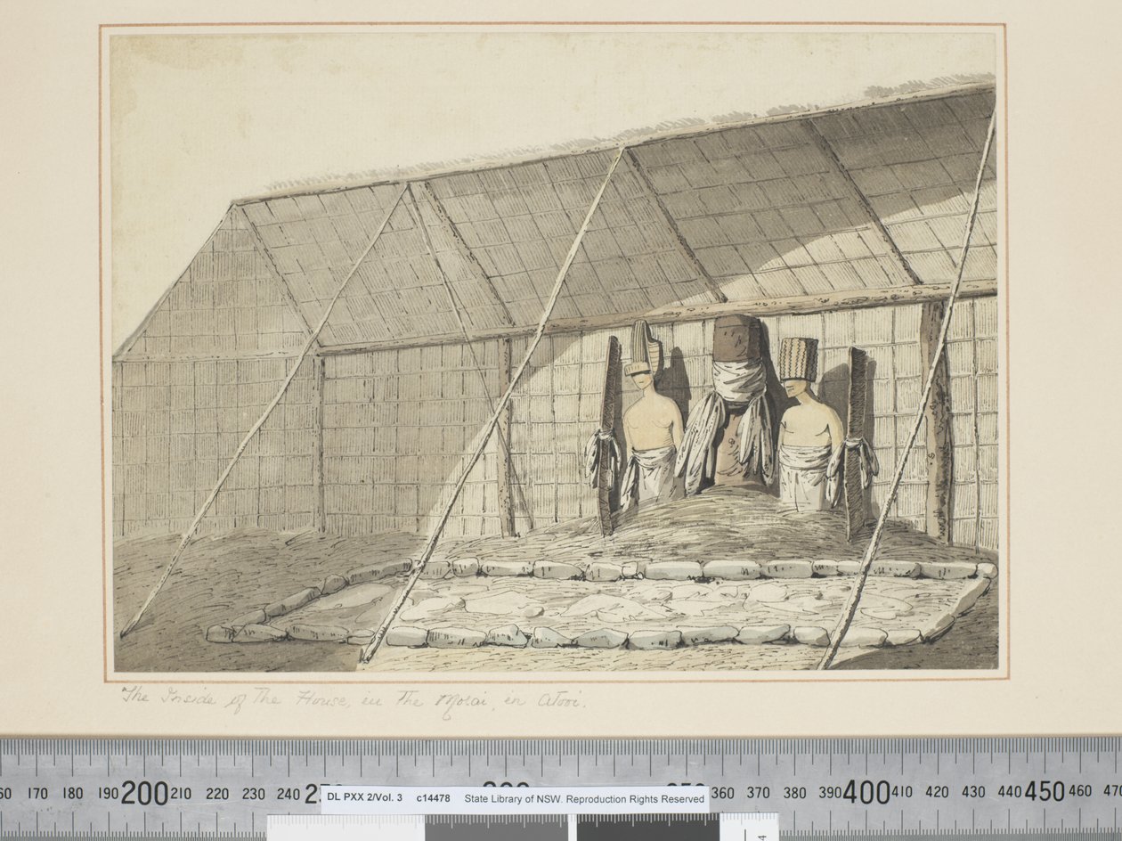 F.18 Wnętrze domu, w Morai, w Atooi, ok. 1773-84 (akwarela) autorstwa John Webber