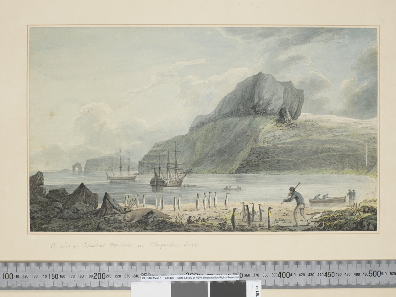 F.1 Widok na port bożonarodzeniowy w Krainie Kerguelena, ok. 1773-84 (akwarele i ryciny) autorstwa John Webber