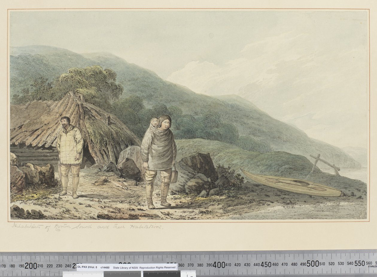 F.33 Mieszkańcy Norton Sound i ich mieszkania, ok. 1773-84 (akwarela) autorstwa John Webber