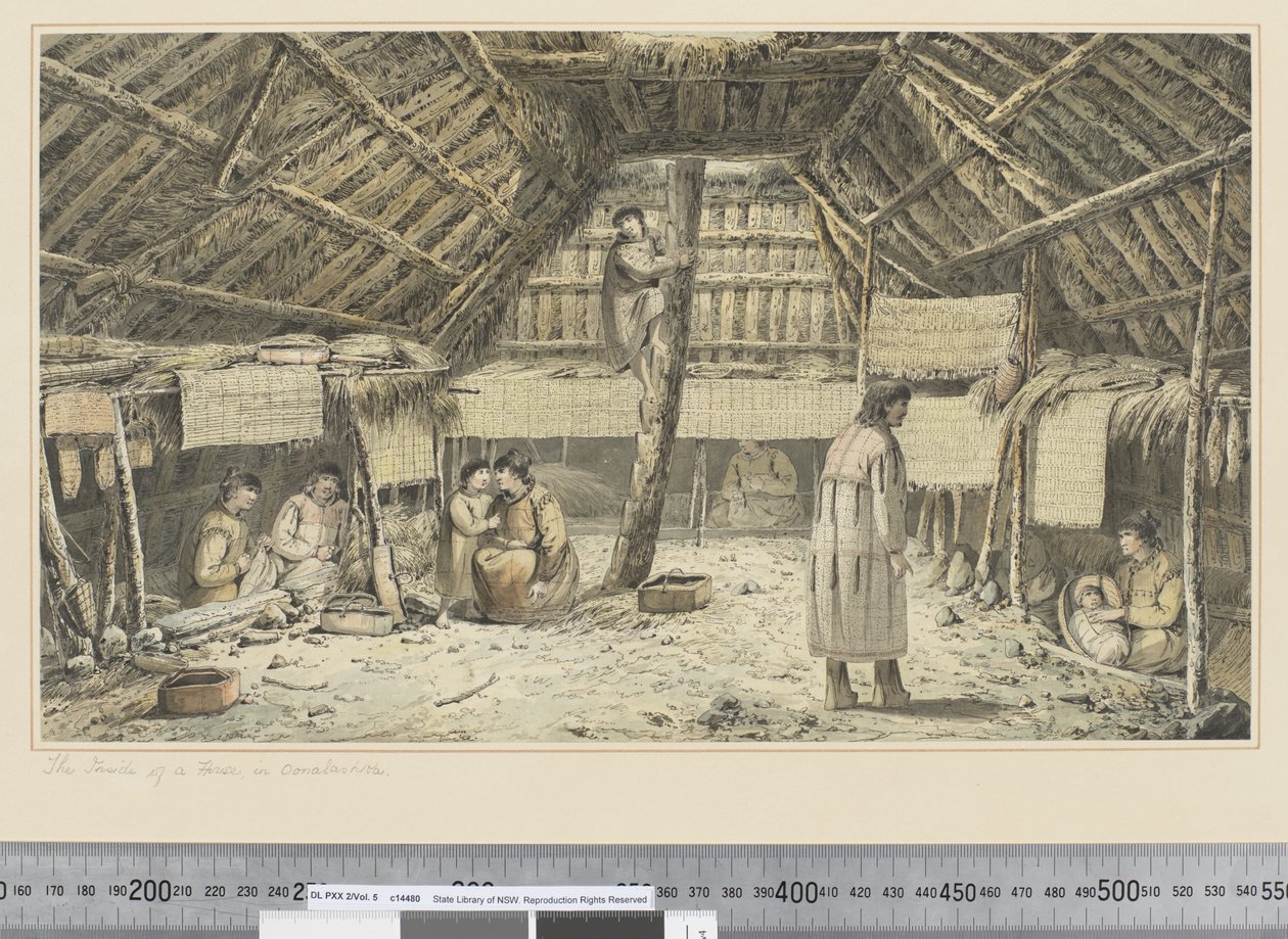F.34 Wnętrze domu w Oonalashce, ok. 1773-84 (akwarela) autorstwa John Webber
