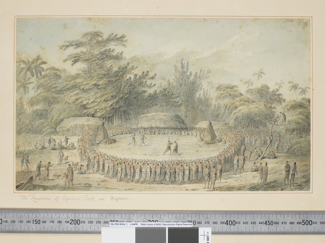 F.4 Przyjęcie kapitana Cooka w Hapaee, ok. 1773-84 (ryciny akwarelowe i drukowane) autorstwa John Webber
