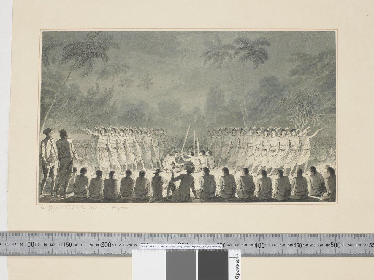 F.5 Nocny taniec mężczyzn, w Hapaee, ok. 1773-84 (akwarela) autorstwa John Webber