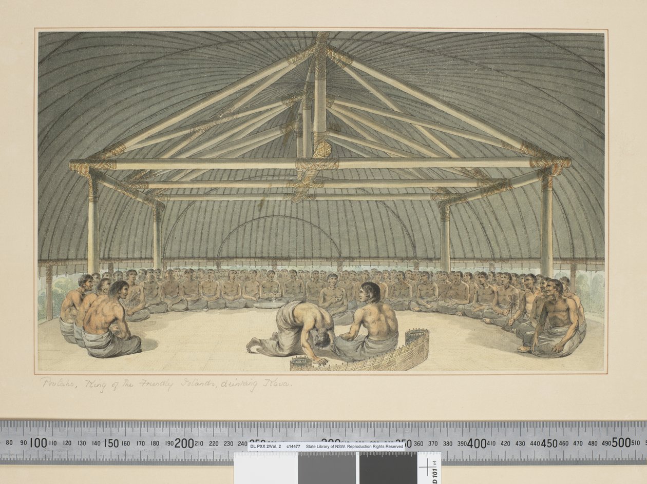 F.7 Poulaho, król przyjaznych wysp, pijący kavę, ok. 1773-84 (akwarela) autorstwa John Webber