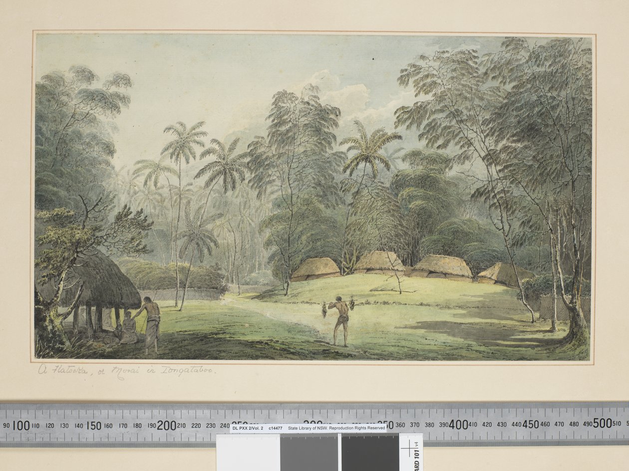 F.8 Fiatooka lub Morai w Tongataboo, c.1773-84 (akwarela) autorstwa John Webber