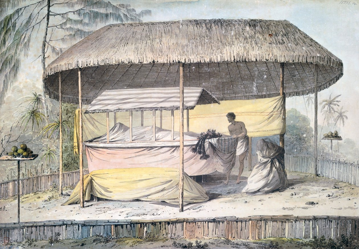 Pogrzeb ze zmarłym pod baldachimem, Tahiti, Society Islands, akwarela Johna Webbera (1750-1793) z opisu ostatniej podróży kapitana Jamesa Cooka (1776-1779), Polinezja autorstwa John Webber