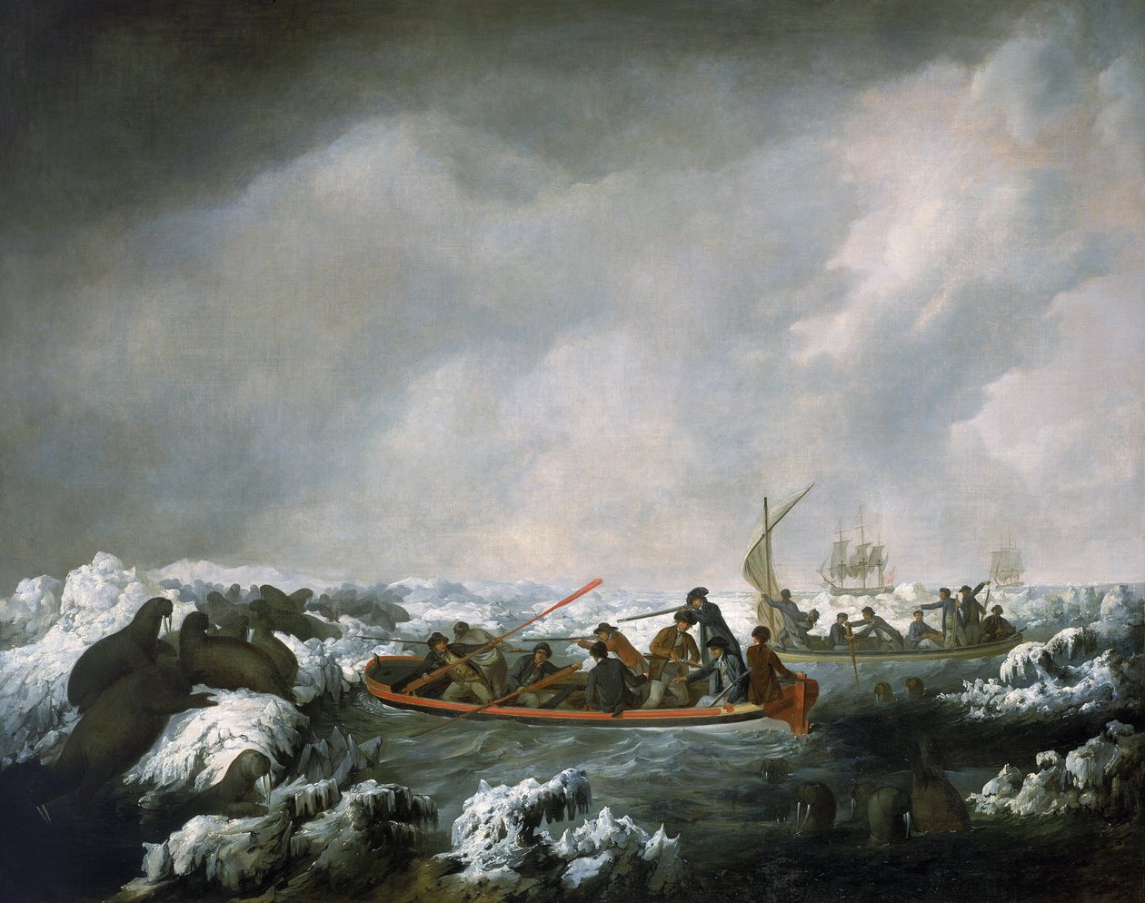 Wyprawa załogi HMS "Resolution" na polowanie na morsy, upamiętniająca malarza powracającego z trzeciej wyprawy Jamesa Cooka (1776-1780) (1728-1779) autorstwa John Webber