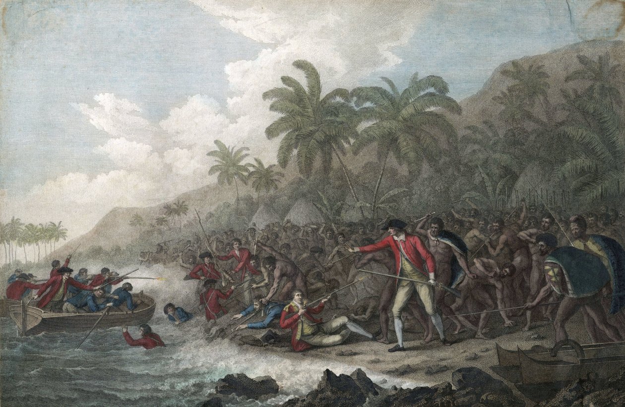 Kapitan James Cook (1728-1779, brytyjski odkrywca) zabity przez hawajskich tubylców w zatoce Kealakekua na Wyspach Sandwich (Polinezja), w 1779 r. - Śmierć kapitana Jamesa Cooka 14 lutego autorstwa John Webber