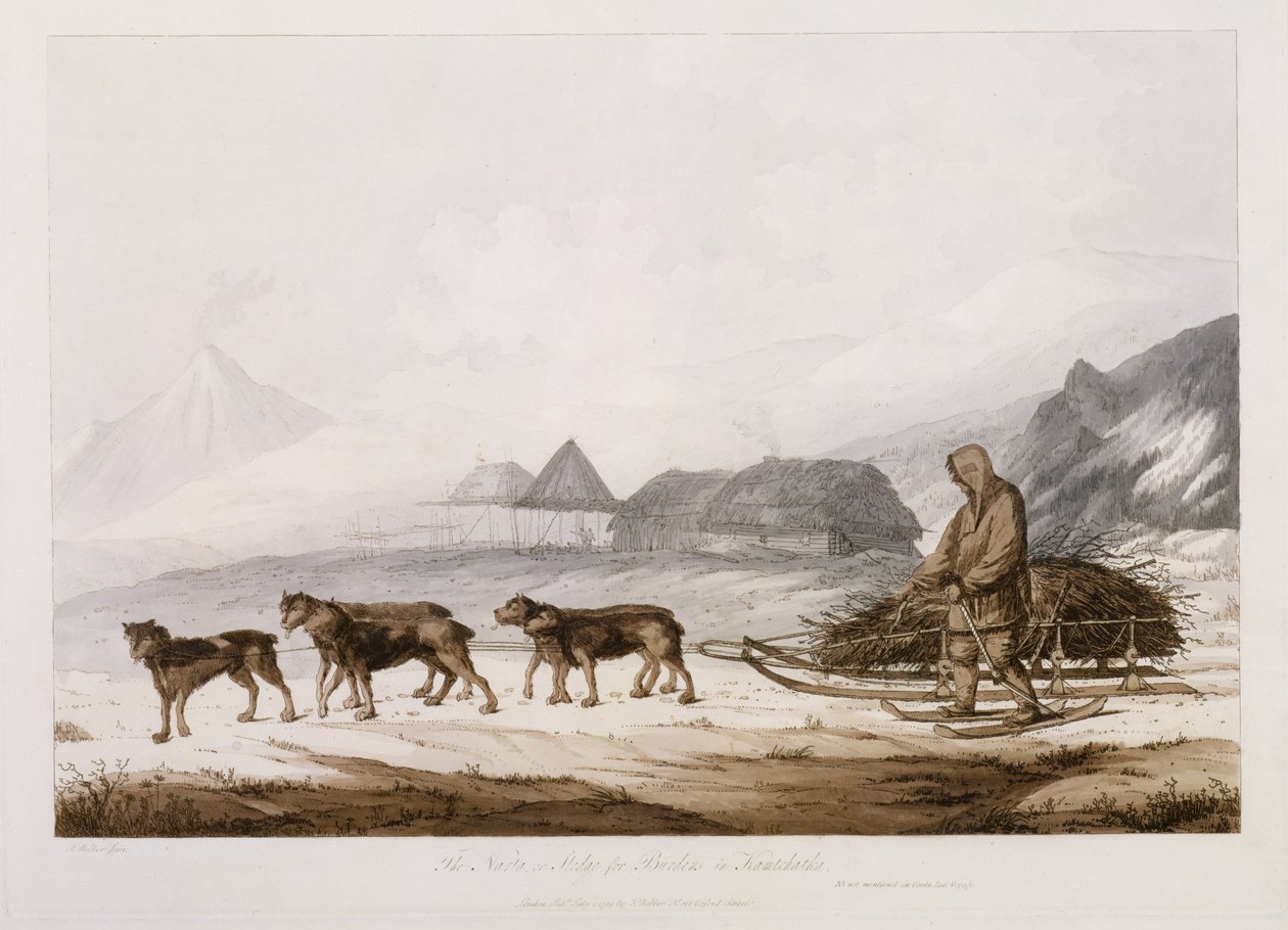 Narta, czyli sanki za ciężary na Kamczatce, z „Widoków na morzach południowych”, wyd. 1789 autorstwa John Webber