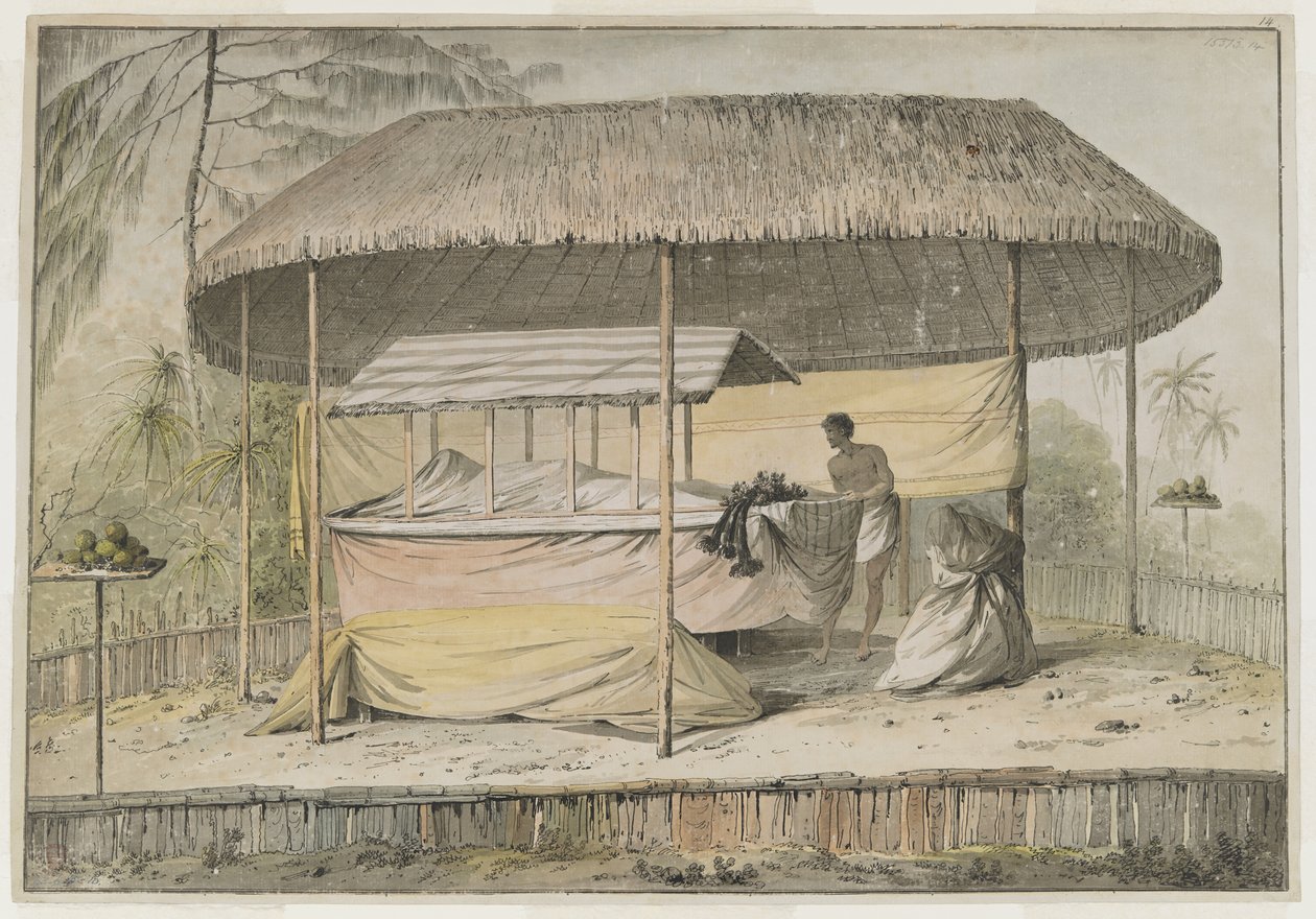 Waheiadooa, wódz Oheitepeha, leżący w stanie, zarejestrowany przez kapitana Cooka podczas jego wizyty na Tahiti 19 sierpnia 1777 r. Na scenie pogrzebowej znajdują się okryte całunem zwłoki i osoba towarzysząca. Są osłonięte markizą porośniętą trawą i otocz autorstwa John Webber