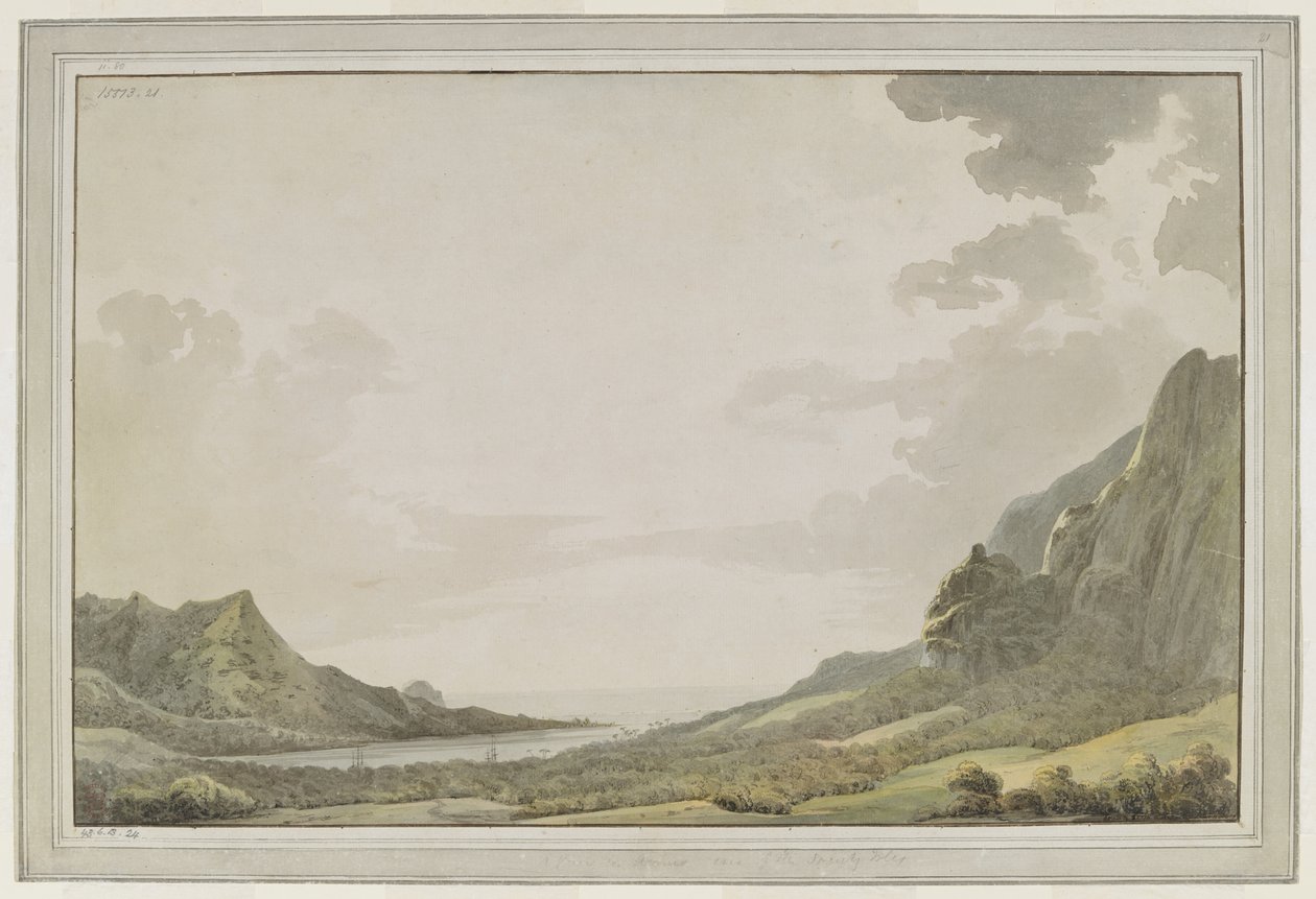 [Whole drawing]. A view from Aimeo Harbour [Papetoai Bay,] looking out towards the sea; the masts of the 