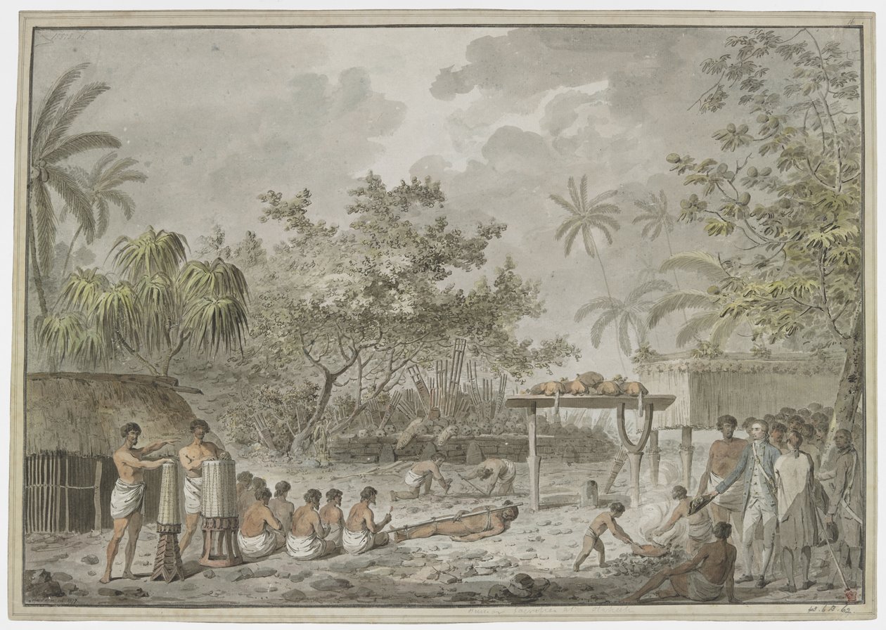 [Cały rysunek] Ofiara z ludzi na wielkim morai w Attahouroo [Utuaimahurau] na Tahiti, świadek kapitana Cooka w dniu 1 września 1777 r. Związana postać na pierwszym planie, z mężczyznami kopiącymi dół na ciało z tyłu i tym, co zawiera dwa psy i tr autorstwa John Webber