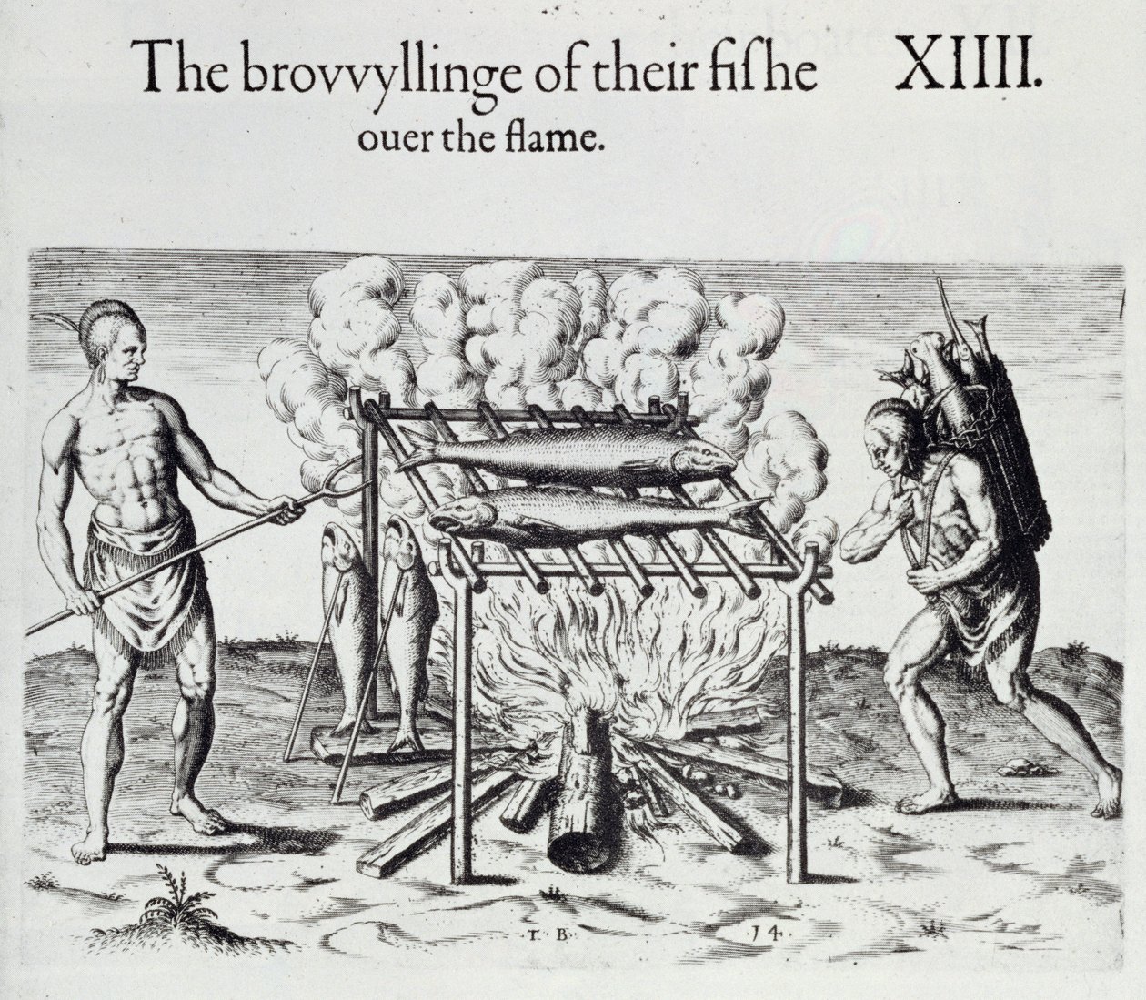 Gotowanie ryb, talerz z "A Brief and True Report of the New Found Land of Virginia" Thomasa Harriota (1560-1621), pub. 1590 autorstwa John White