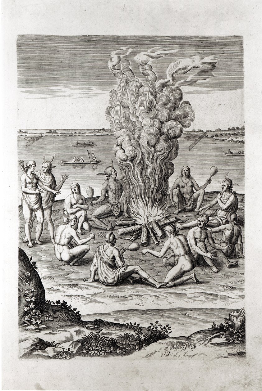 Indianie modlący się przy ognisku, rycina z dzieła Hariota "A Briefe and True Report of...Virginia", 1590, rytowany przez Theodora de Bry (1528-98) autorstwa John White