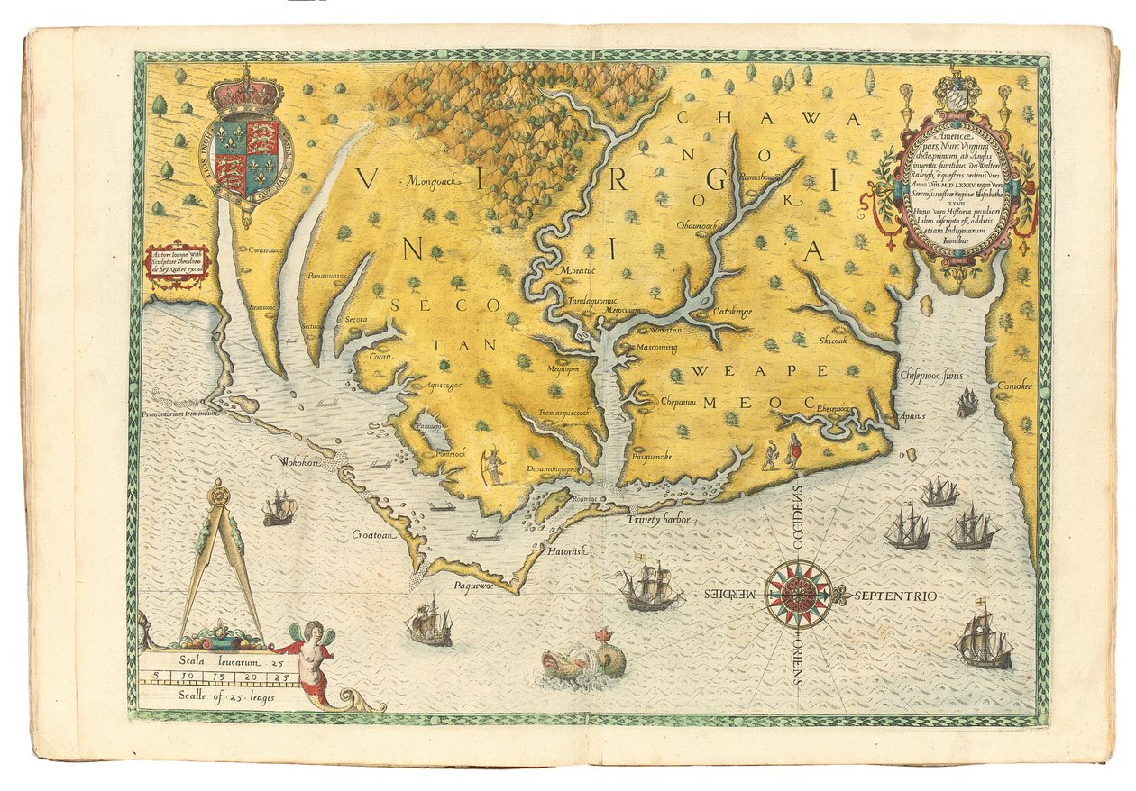 Mapa Wirginii przedstawiająca przybycie wyprawy Sir Waltera Raleigha w 1585, 1590 autorstwa John White